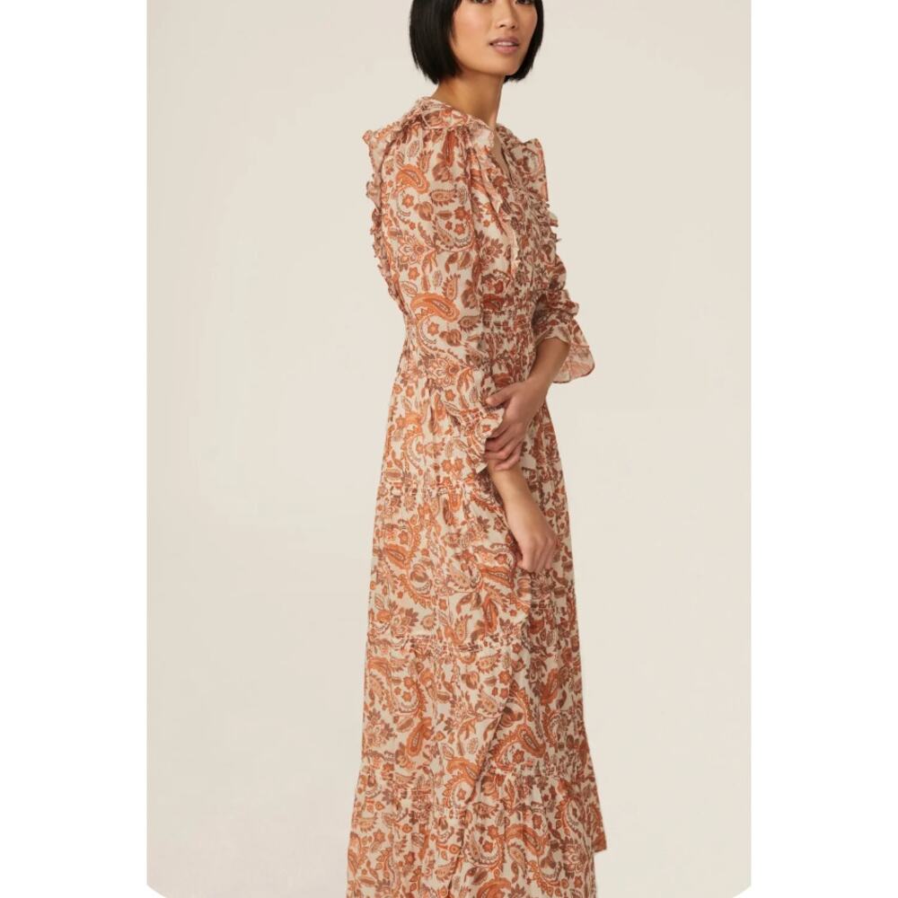 Maje Brown Floral Peasant Maxi Dress Size 0 Prairie Ruffle Designer Cottage $535 - Picture 3 of 13